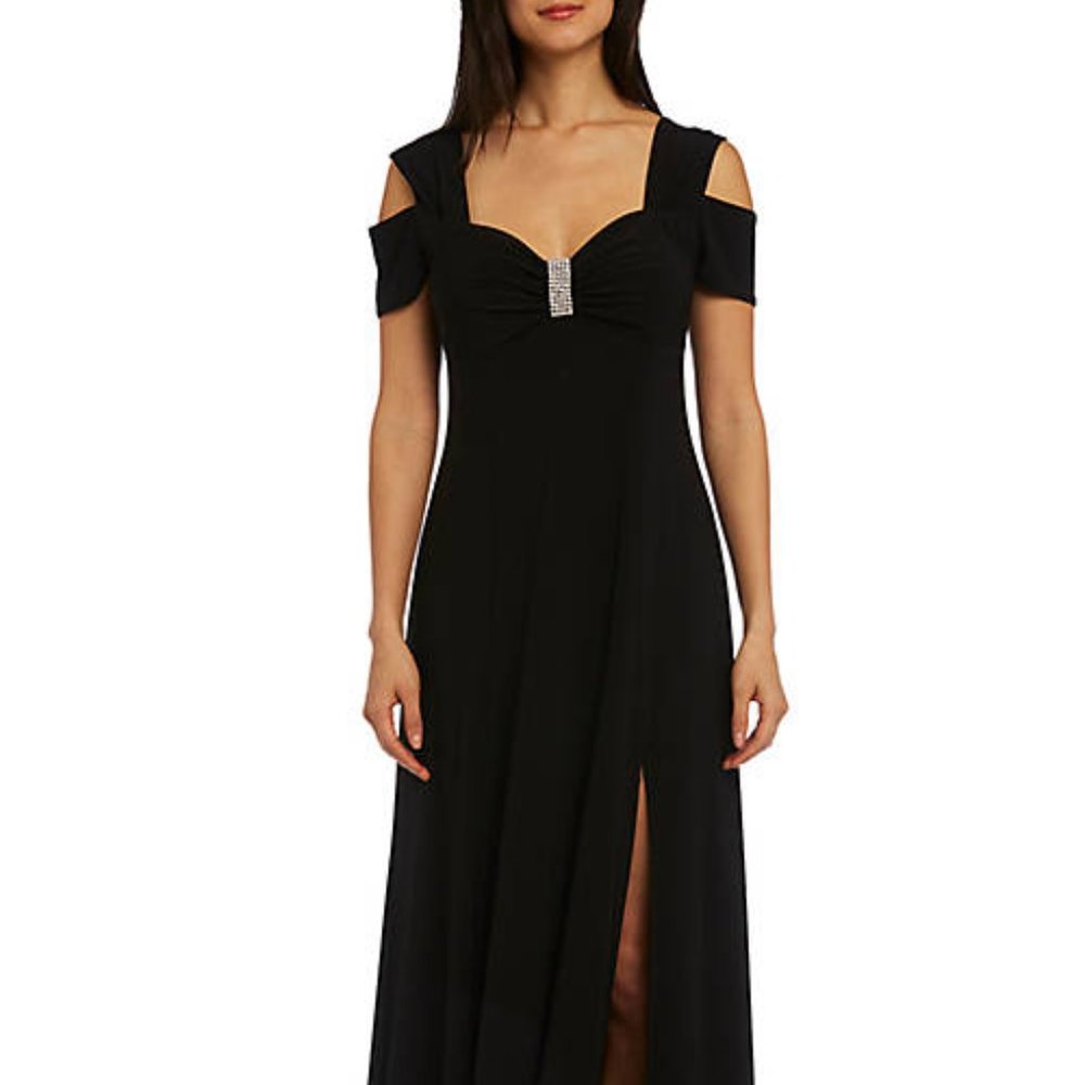 R & M RICHARDS Cold-Shoulder Tea-Length, Maxi or Ankle-Length Black Dress